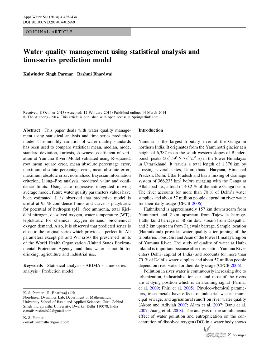 Water Quality Management Using Statistical Analysis and Time-Series Prediction Model