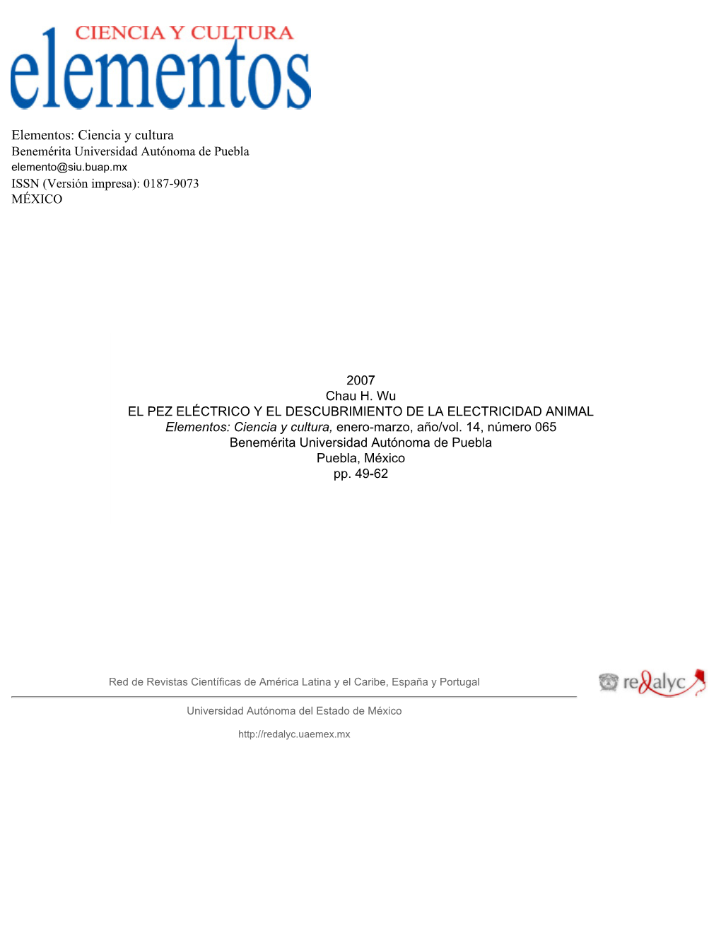 Redalyc. El Pez Eléctrico Y El Descubrimiento De La Electricidad