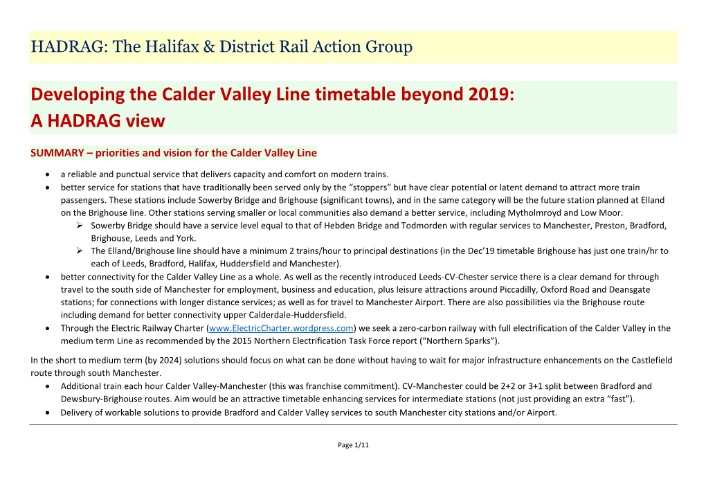 Developing the Calder Valley Line Timetable Beyond 2019: a HADRAG View