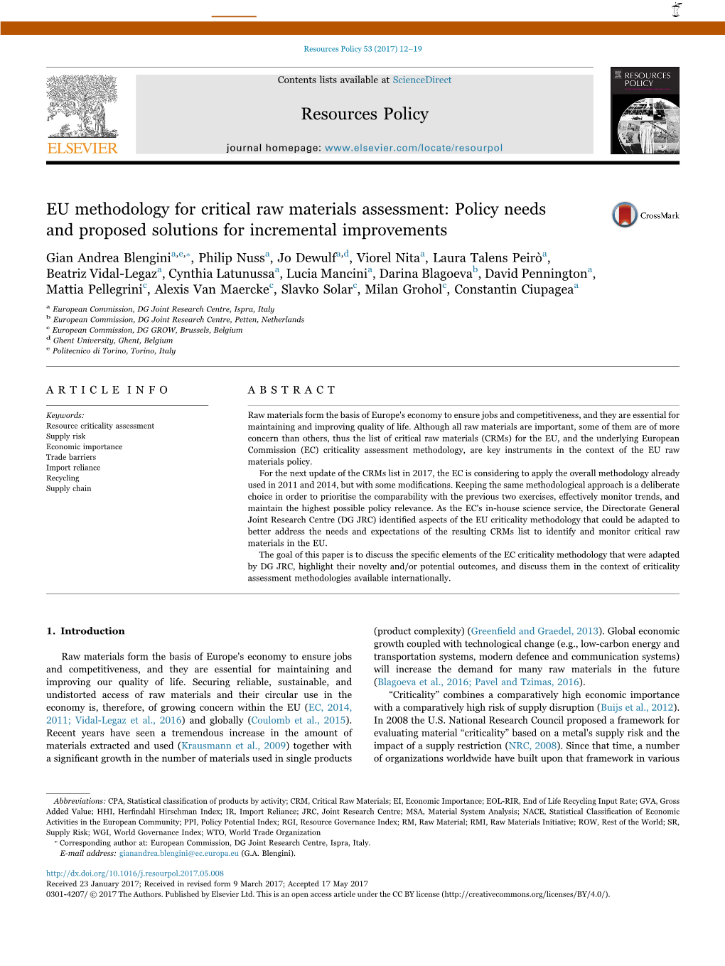 EU Methodology for Critical Raw Materials Assessment Policy Needs and Proposed Solutions for Incremental Improvements