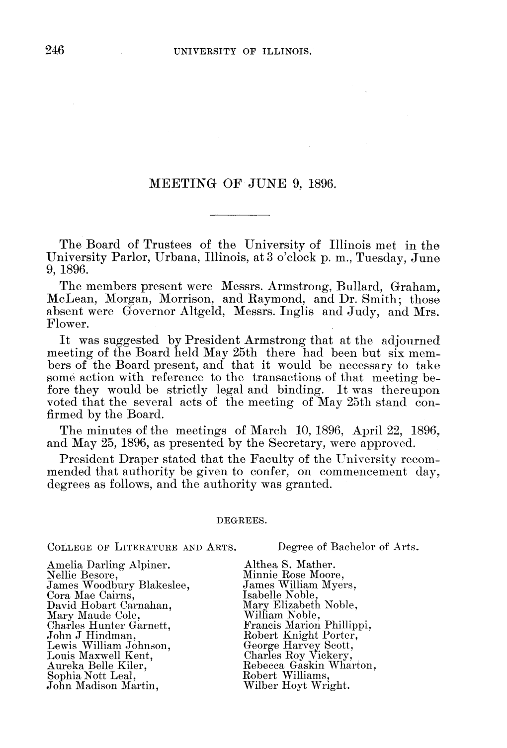 June 9, 1896, Minutes | UI Board of Trustees