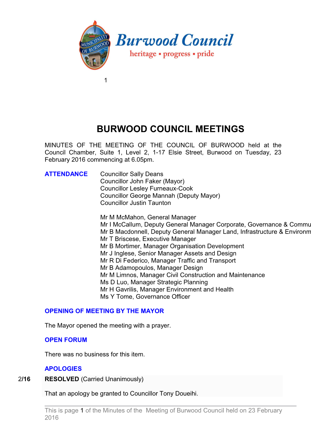 Pro-Forma Minutes of Burwood Council Meetings - 23 February 2016