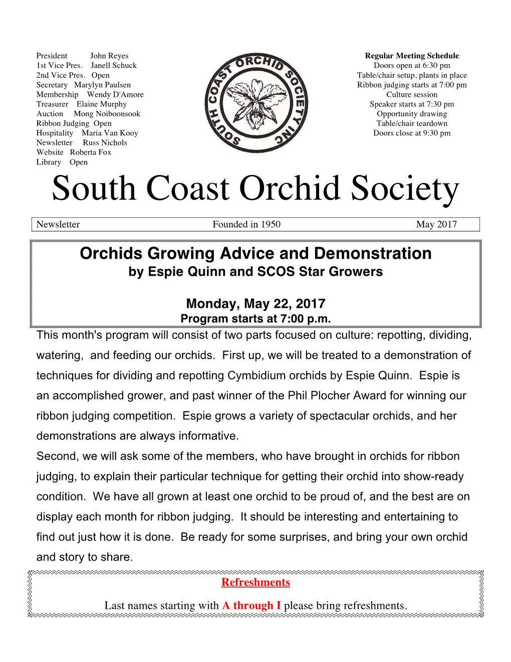 May 2017 Orchids Growing Advice and Demonstration by Espie Quinn and SCOS Star Growers