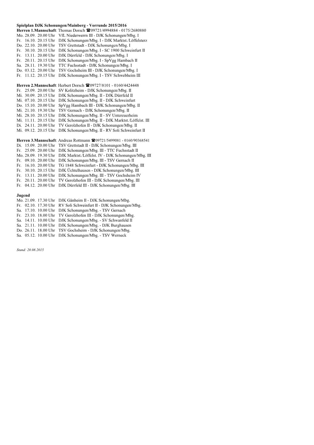 Spielplan DJK Schonungen/Mainberg - Vorrunde 2015/2016 Herren 1.Mannschaft : Thomas Dorsch (09721/4994884 - 0175/2680880 Mo