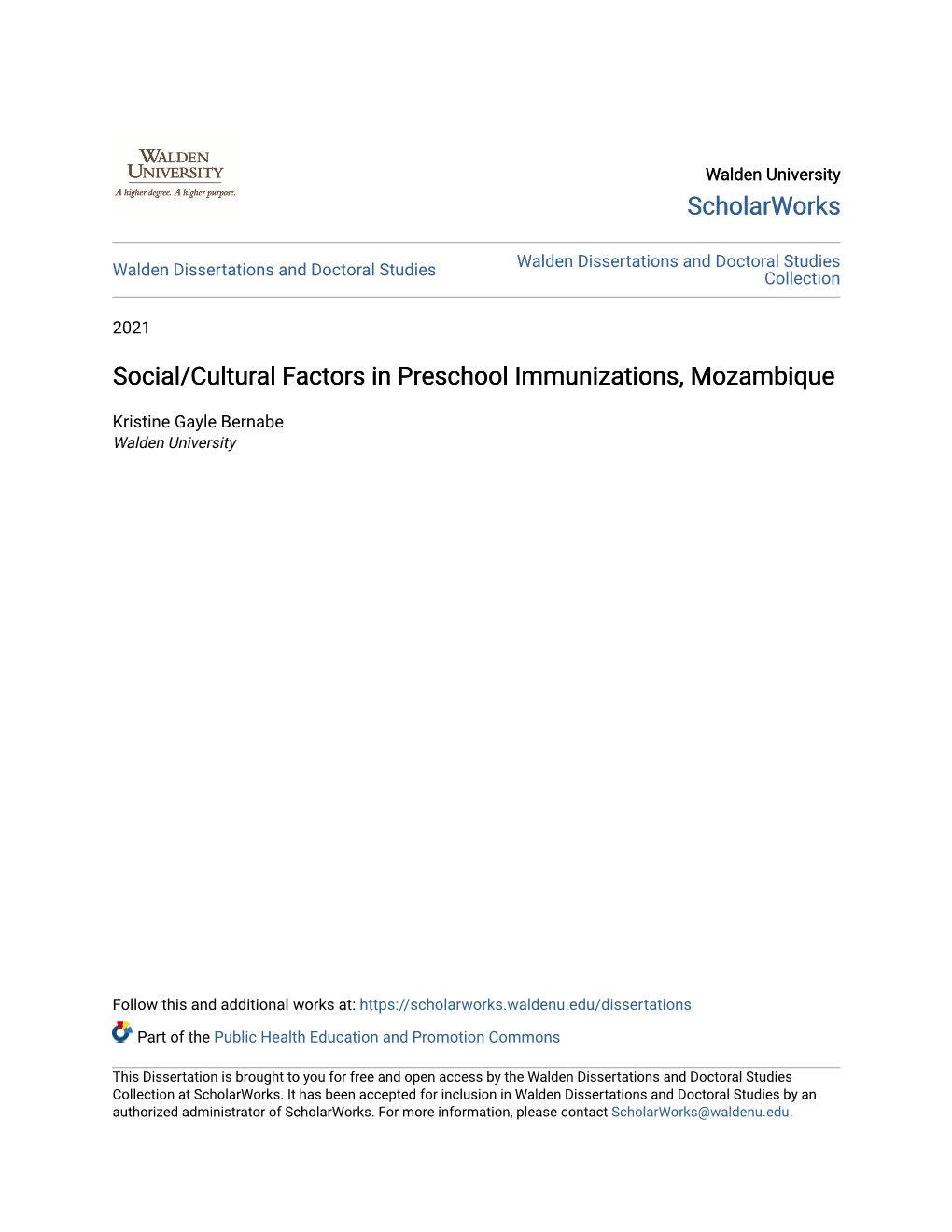 Social/Cultural Factors in Preschool Immunizations, Mozambique