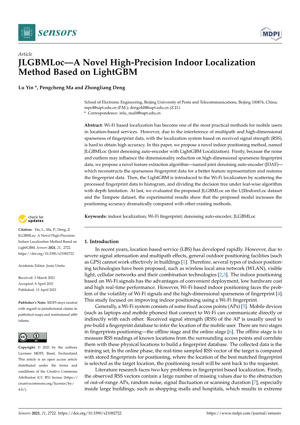 Jlgbmloc—A Novel High-Precision Indoor Localization Method Based on Lightgbm