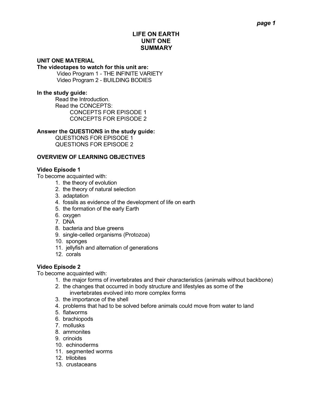 Page 1 LIFE on EARTH UNIT ONE SUMMARY