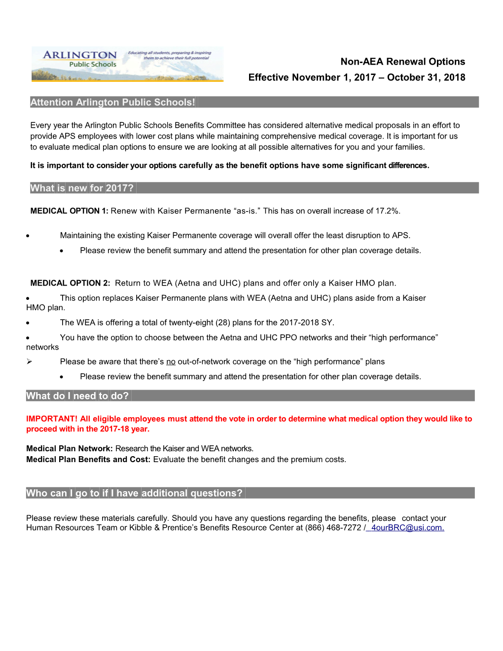 Non-AEA Renewal Options Effective November 1, 2017 October 31, 2018 Attention Arlington