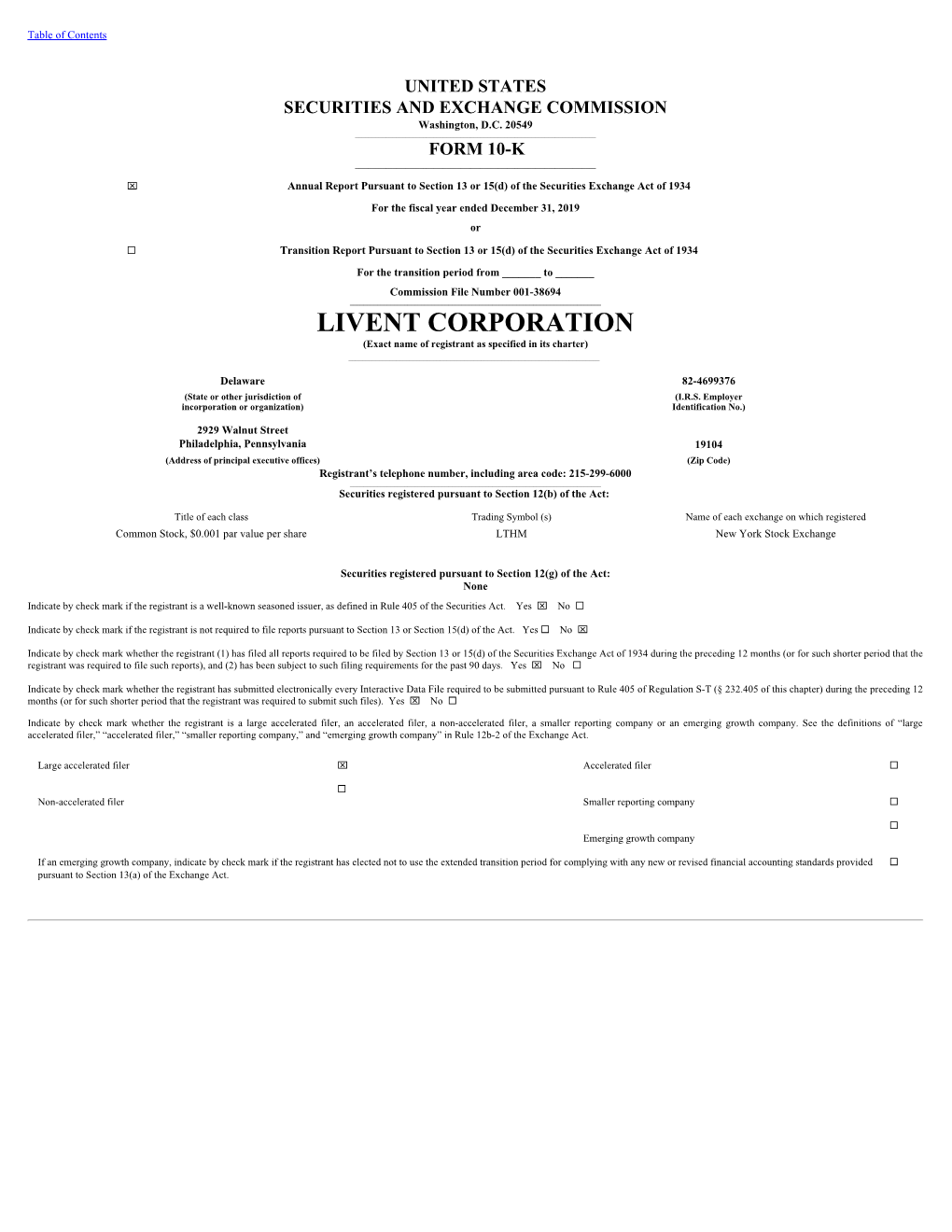 LIVENT CORPORATION (Exact Name of Registrant As Specified in Its Charter) ______