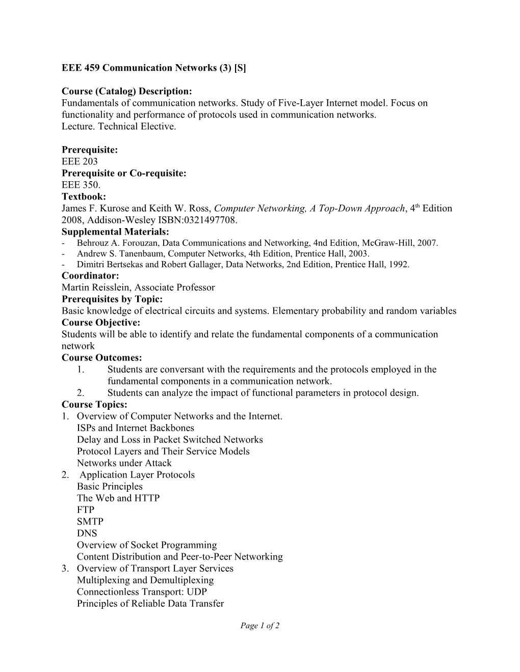 EEE 459 Communication Networks (3) S