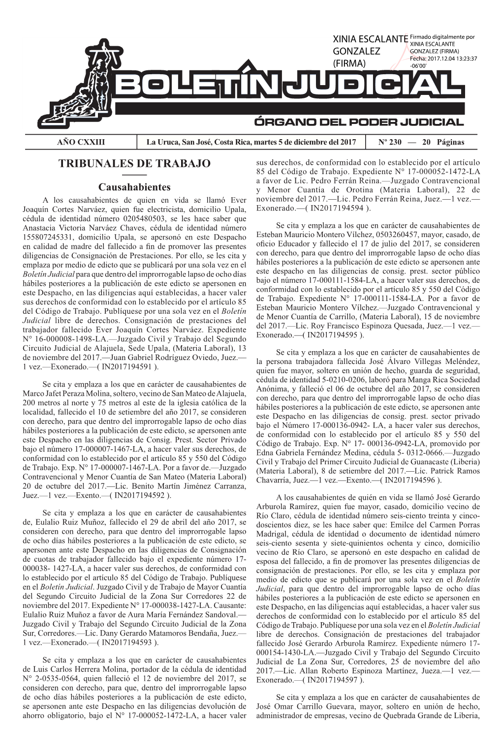 Boletín Judicial N° 230 Del 05 De Diciembre Del 2017