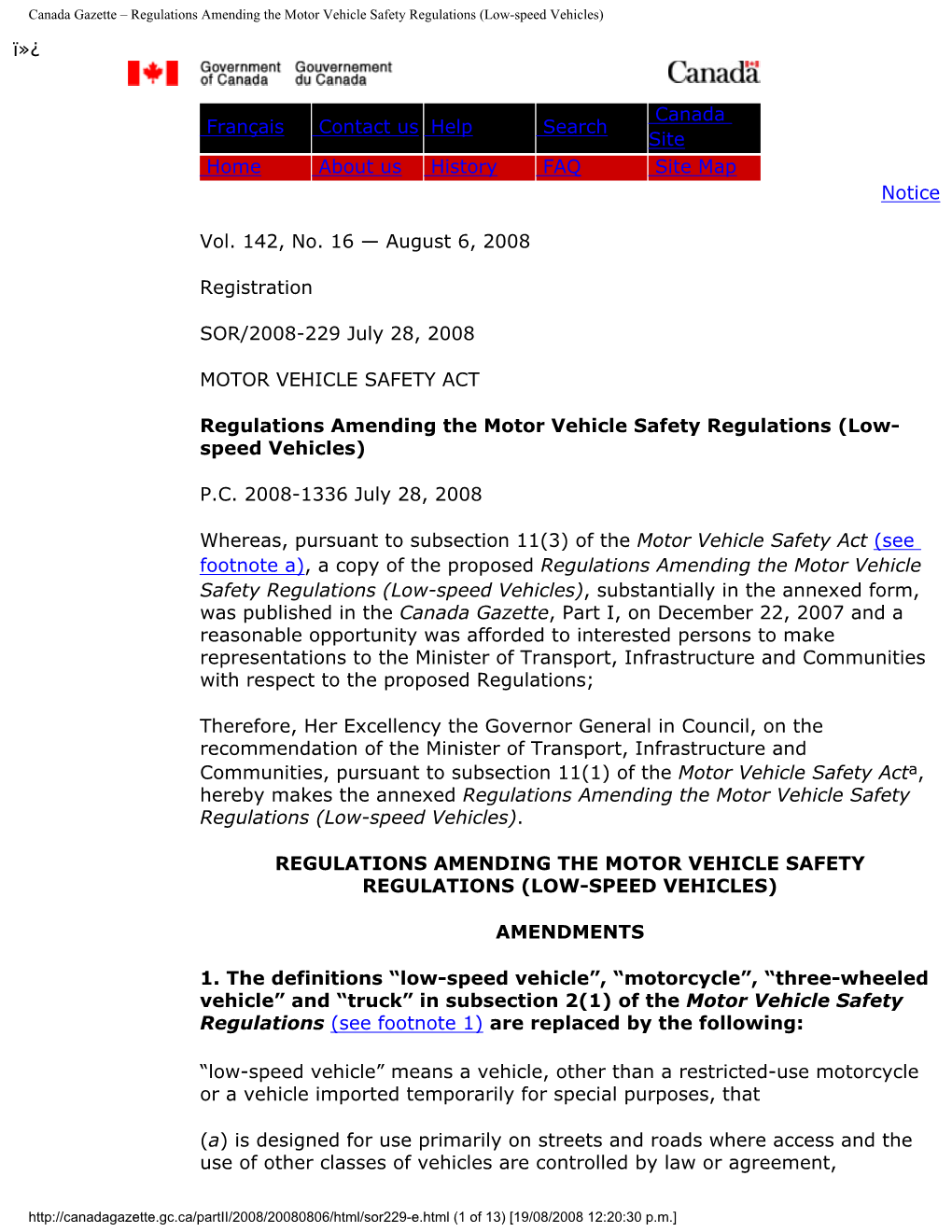 Canada Gazette – Regulations Amending the Motor Vehicle Safety Regulations (Low-Speed Vehicles)