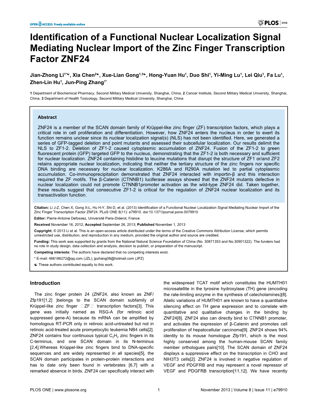 Identification of a Functional Nuclear Localization Signal Mediating Nuclear Import of the Zinc Finger Transcription Factor ZNF24