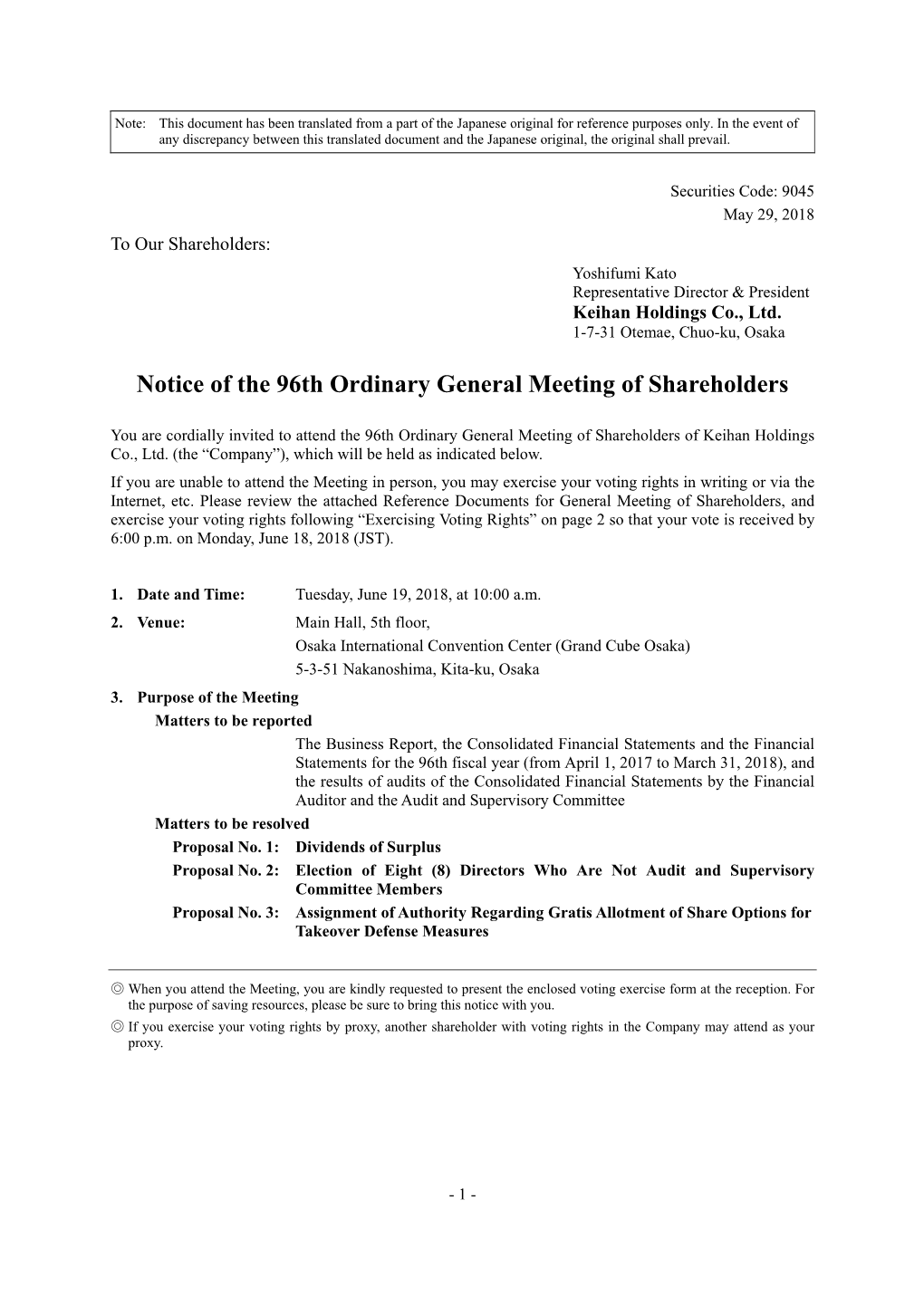 Notice of the 96Th Ordinary General Meeting of Shareholders