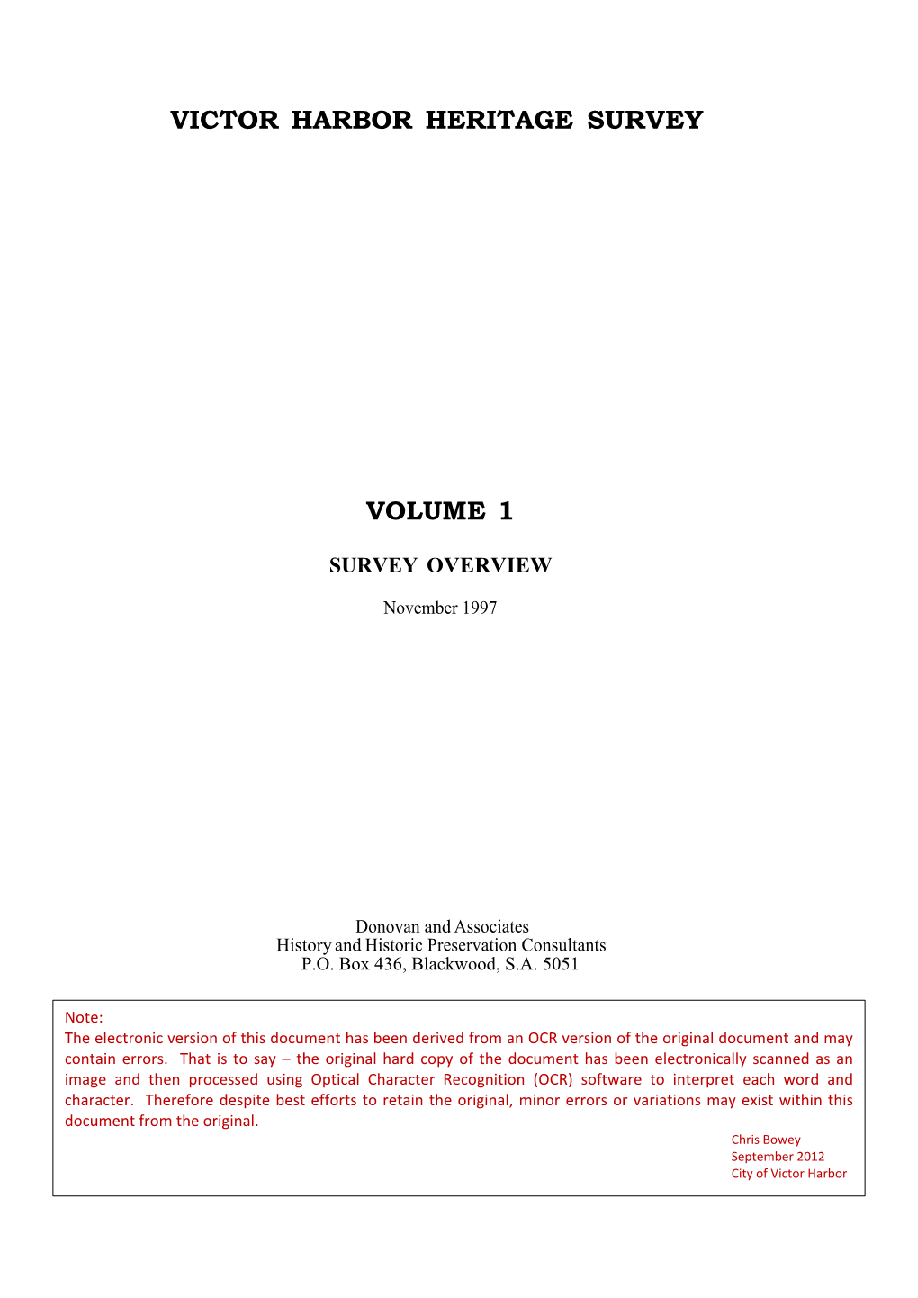 Victor Harbor Heritage Survey Volume 1