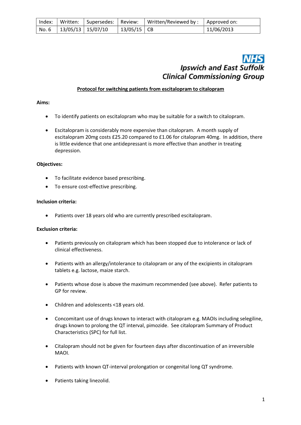 Protocol for Switching Patients from Escitalopram to Citalopram