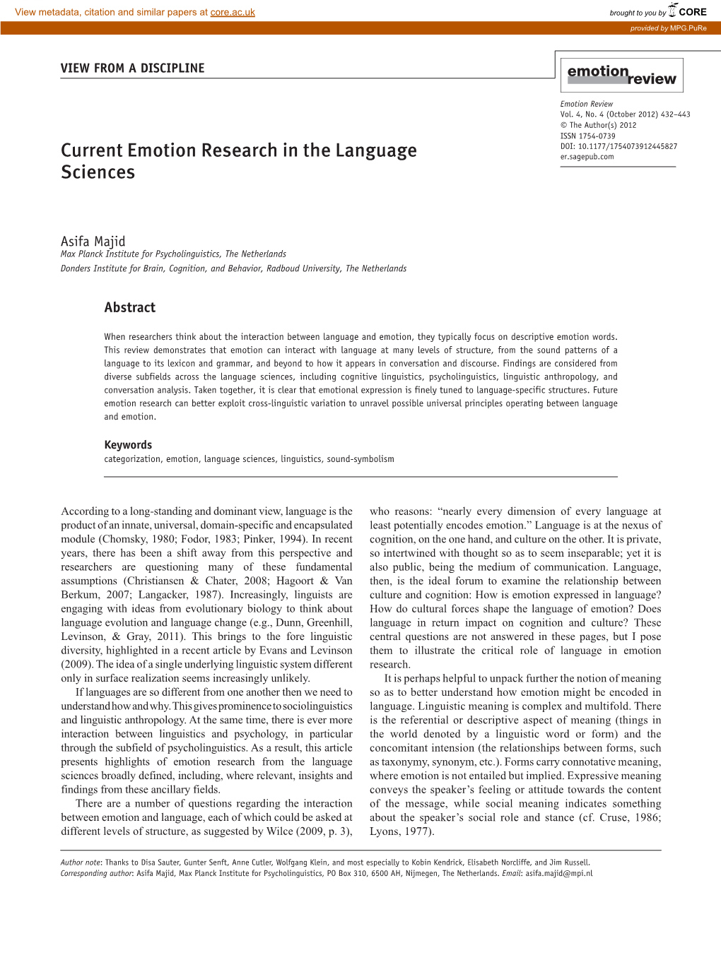 Current Emotion Research in the Language Sciences, University Press