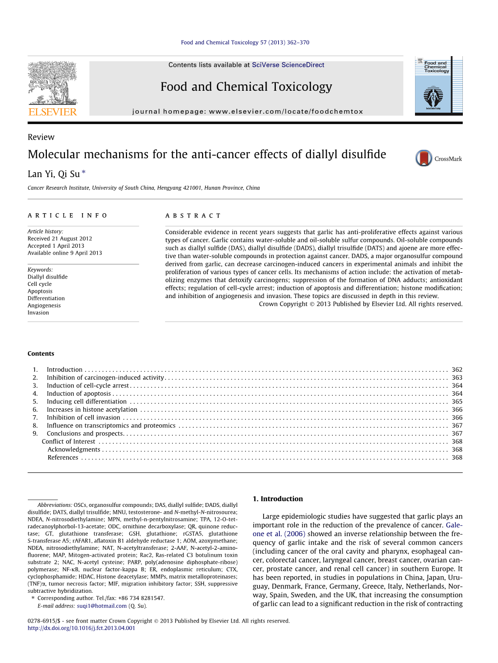 Reviewmolecular Mechanisms for the Anti-Cancer Effects of Diallyl Disulfide