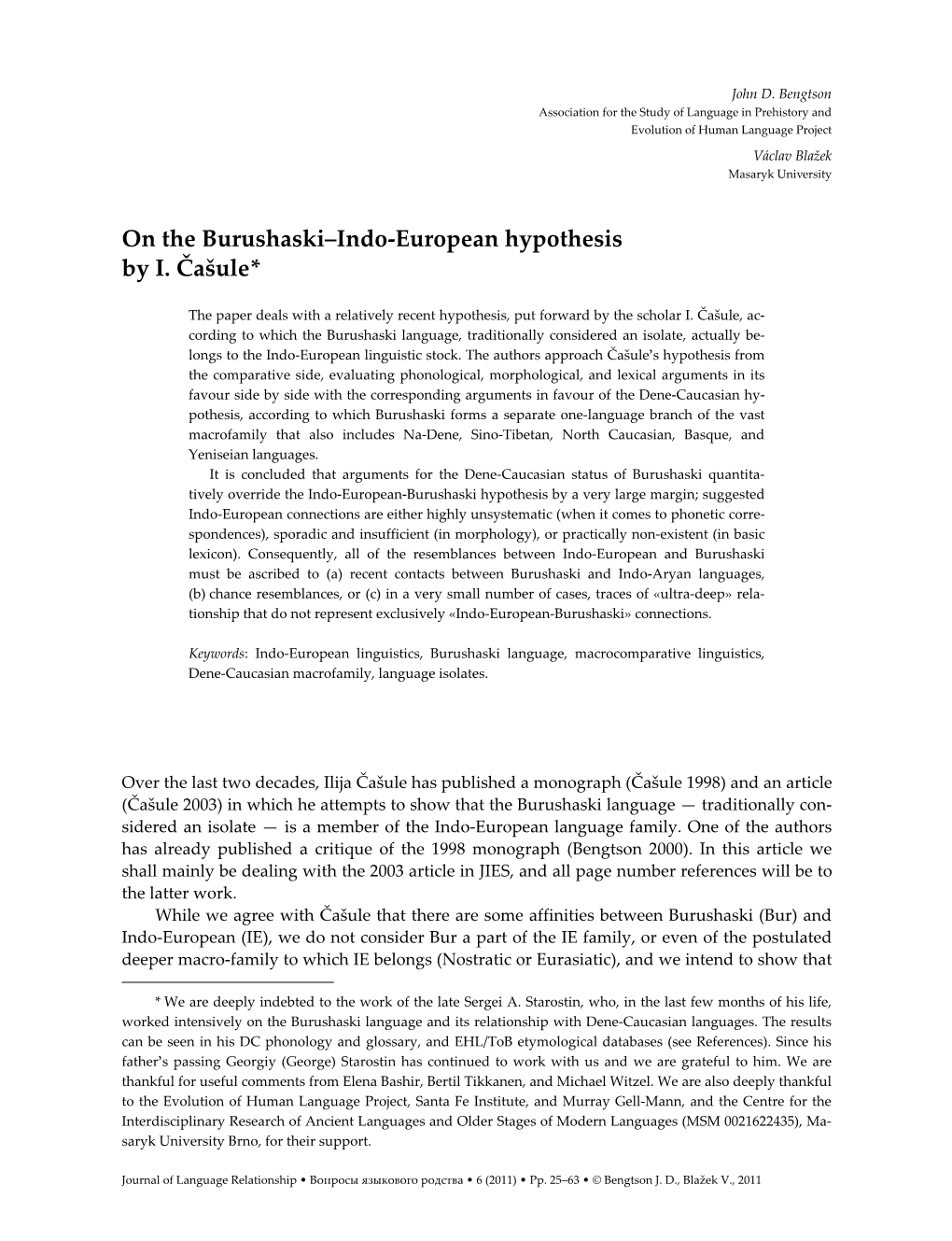 On the Burushaski–Indo-European Hypothesis by I. Čašule*