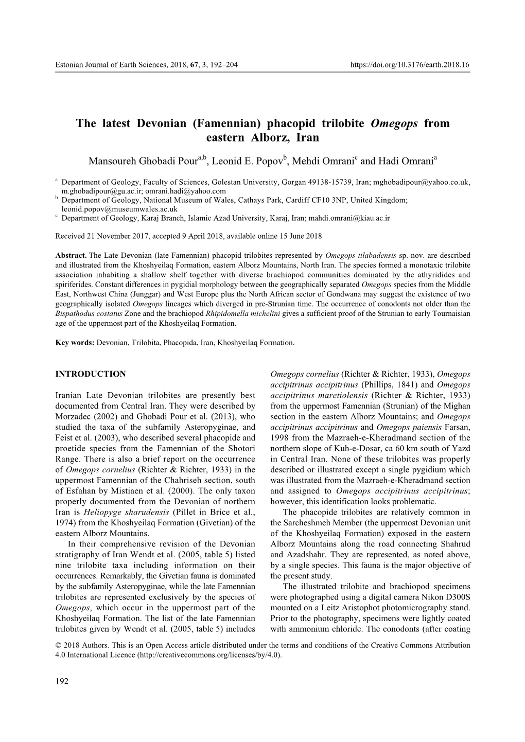 The Latest Devonian (Famennian) Phacopid Trilobite Omegops from Eastern Alborz, Iran