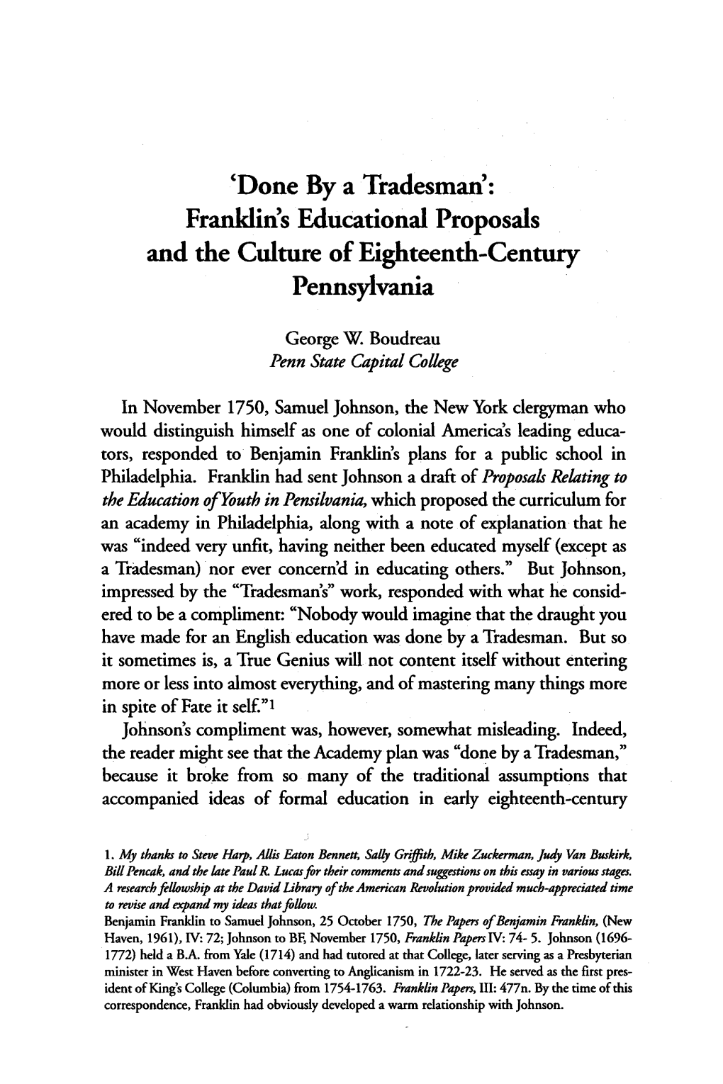 Frankdin's Educational Proposals and the Culture of Eighteenth-Century Pennsylvania