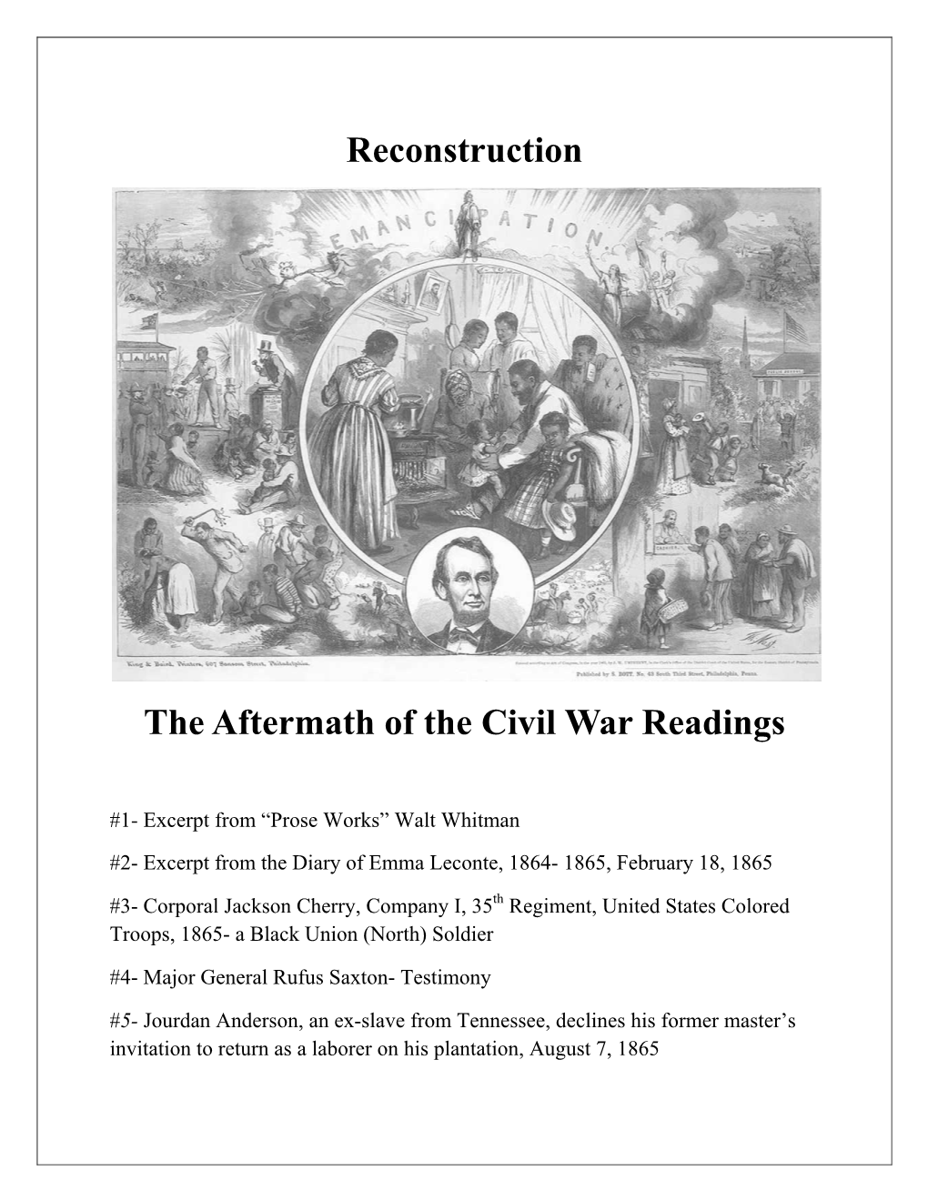 Reconstruction the Aftermath of the Civil War Readings