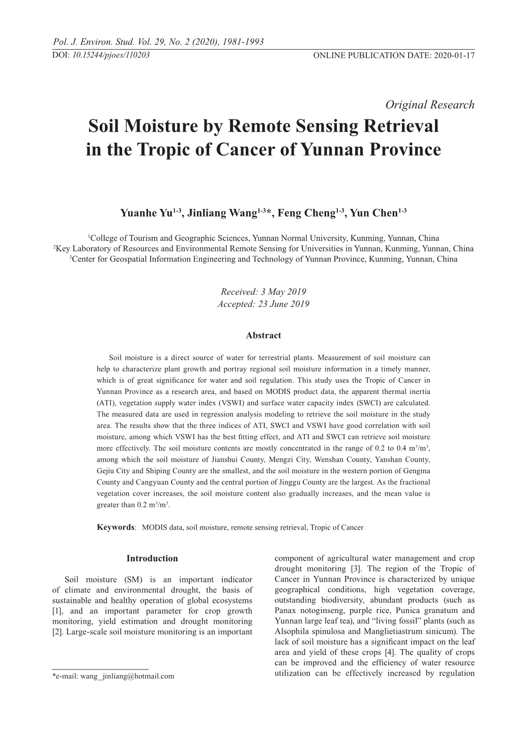 Soil Moisture by Remote Sensing Retrieval in the Tropic of Cancer of Yunnan Province