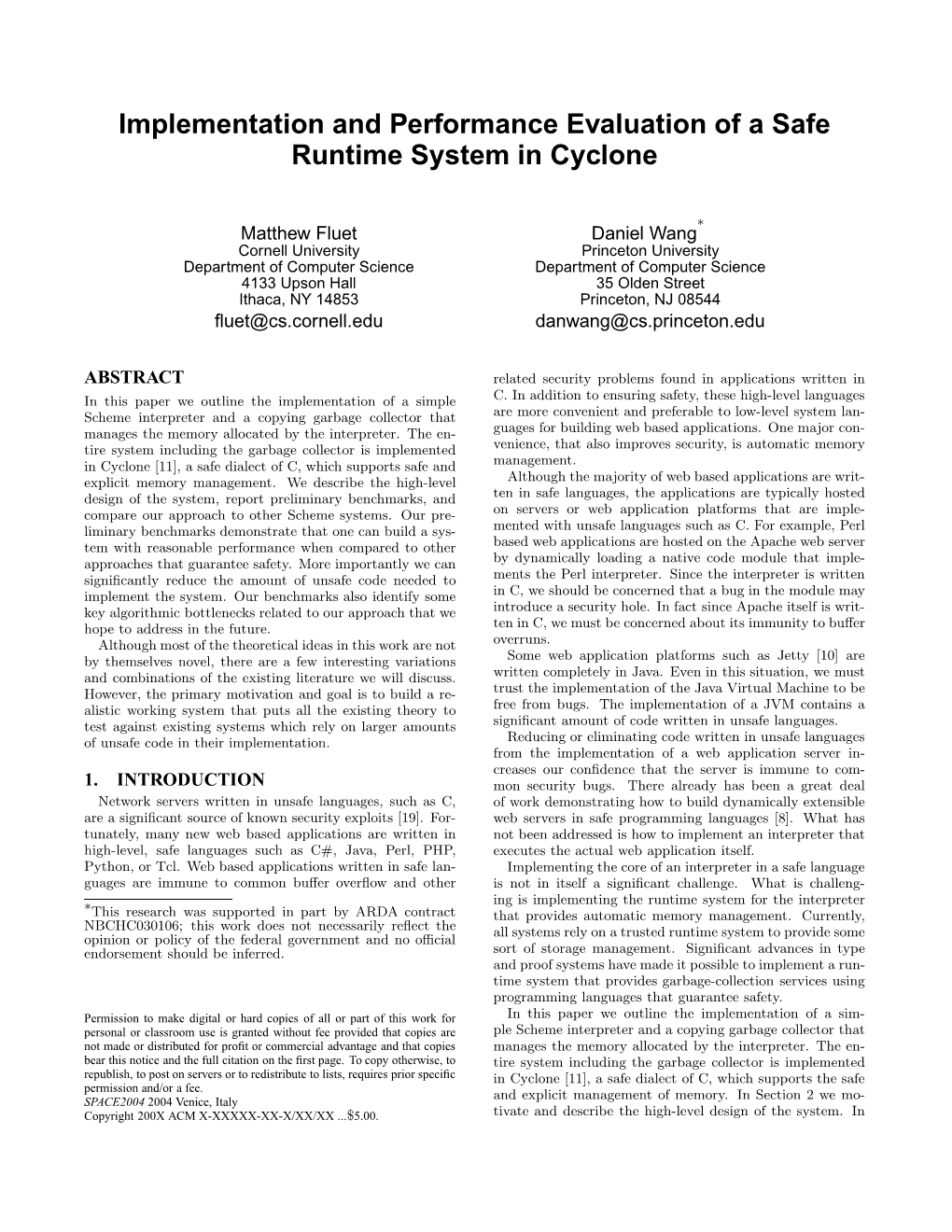 Implementation and Performance Evaluation of a Safe Runtime System in Cyclone