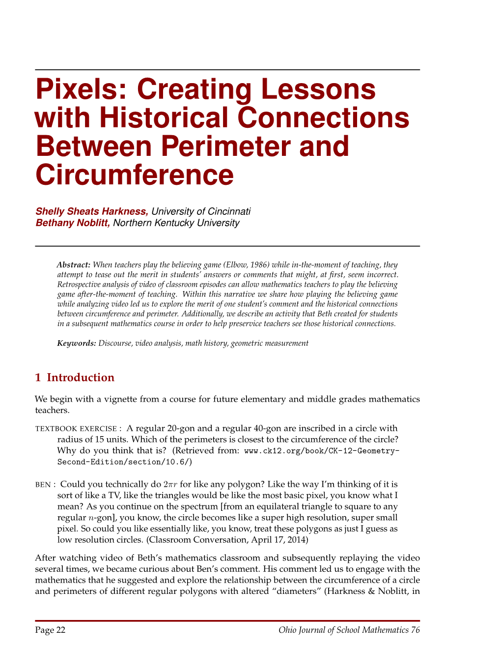 Pixels: Creating Lessons with Historical Connections Between Perimeter and Circumference