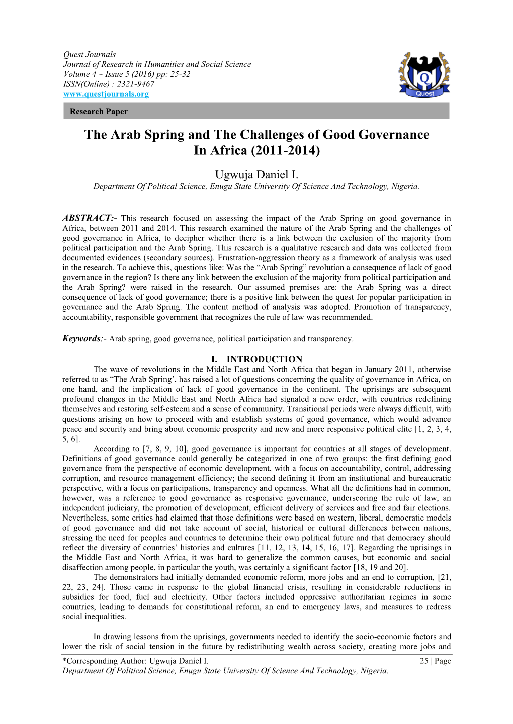 The Arab Spring and the Challenges of Good Governance in Africa (2011-2014)