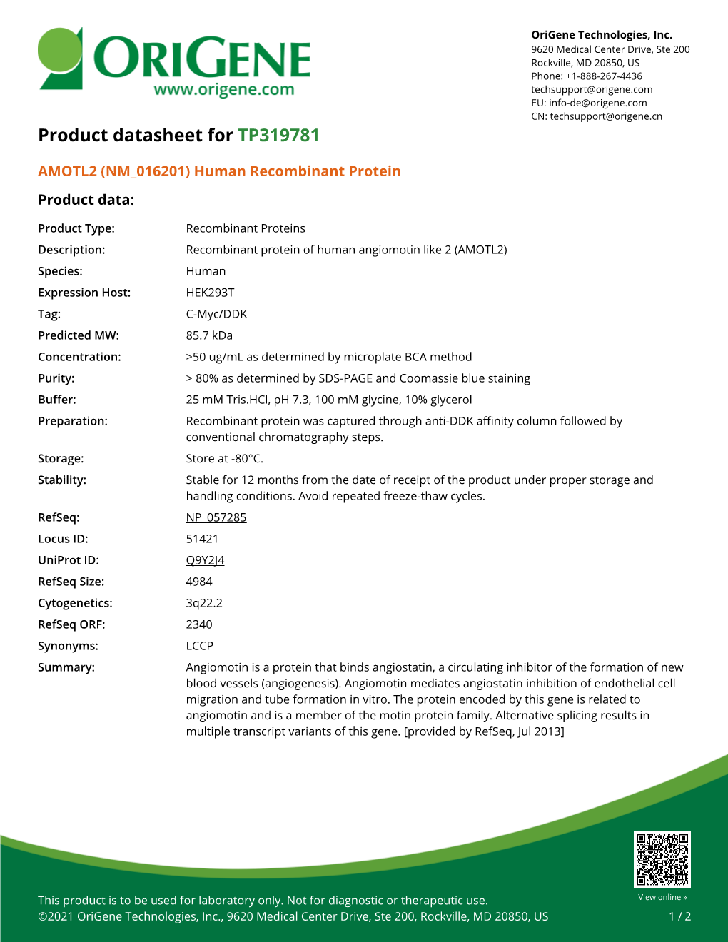 AMOTL2 (NM 016201) Human Recombinant Protein Product Data