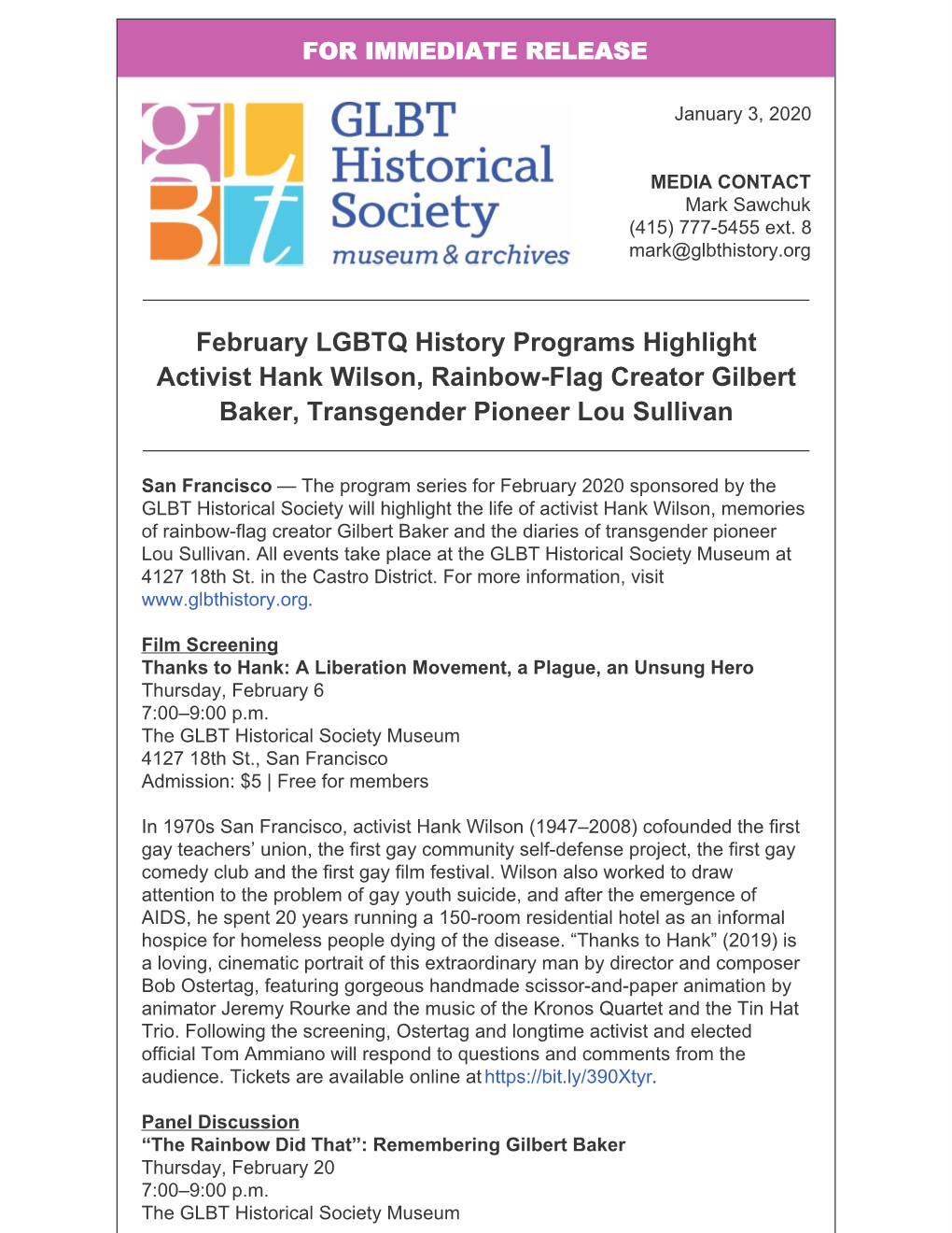 February LGBTQ History Programs Highlight Activist Hank Wilson, Rainbow-Flag Creator Gilbert Baker, Transgender Pioneer Lou Sullivan