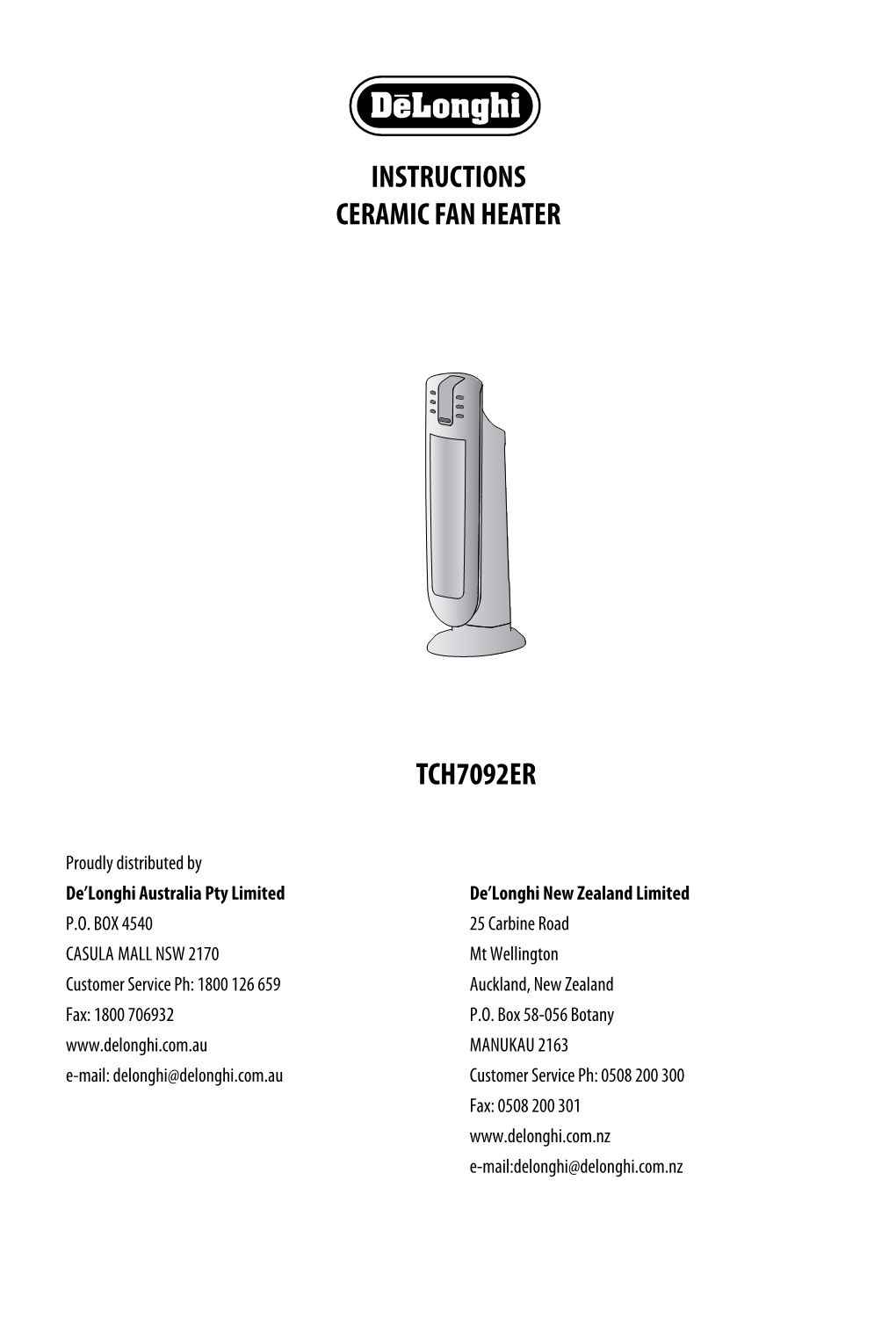 Instructions Ceramic Fan Heater Tch7092er