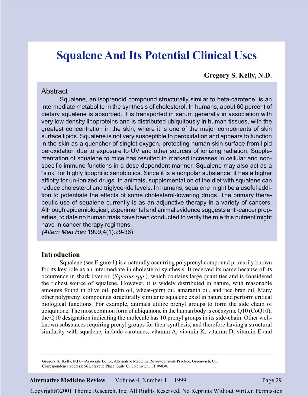 Squalene and Its Potential Clinical Uses