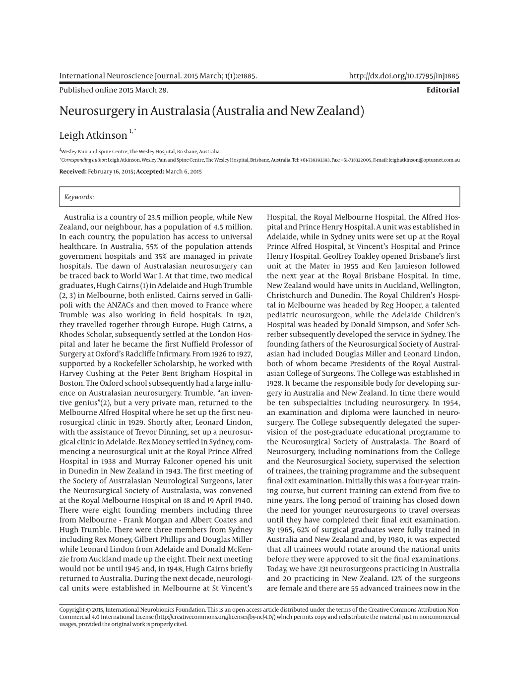 Neurosurgery in Australasia (Australia and New Zealand)