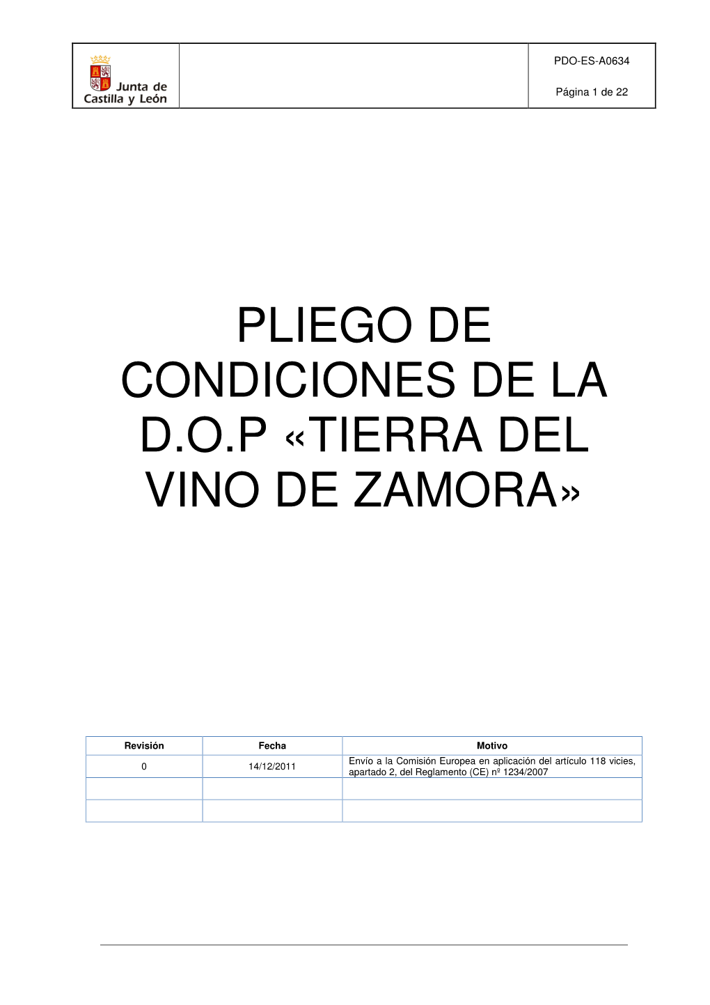 Pliego De Condiciones De La Dop «Tierra Del Vino De Zamora
