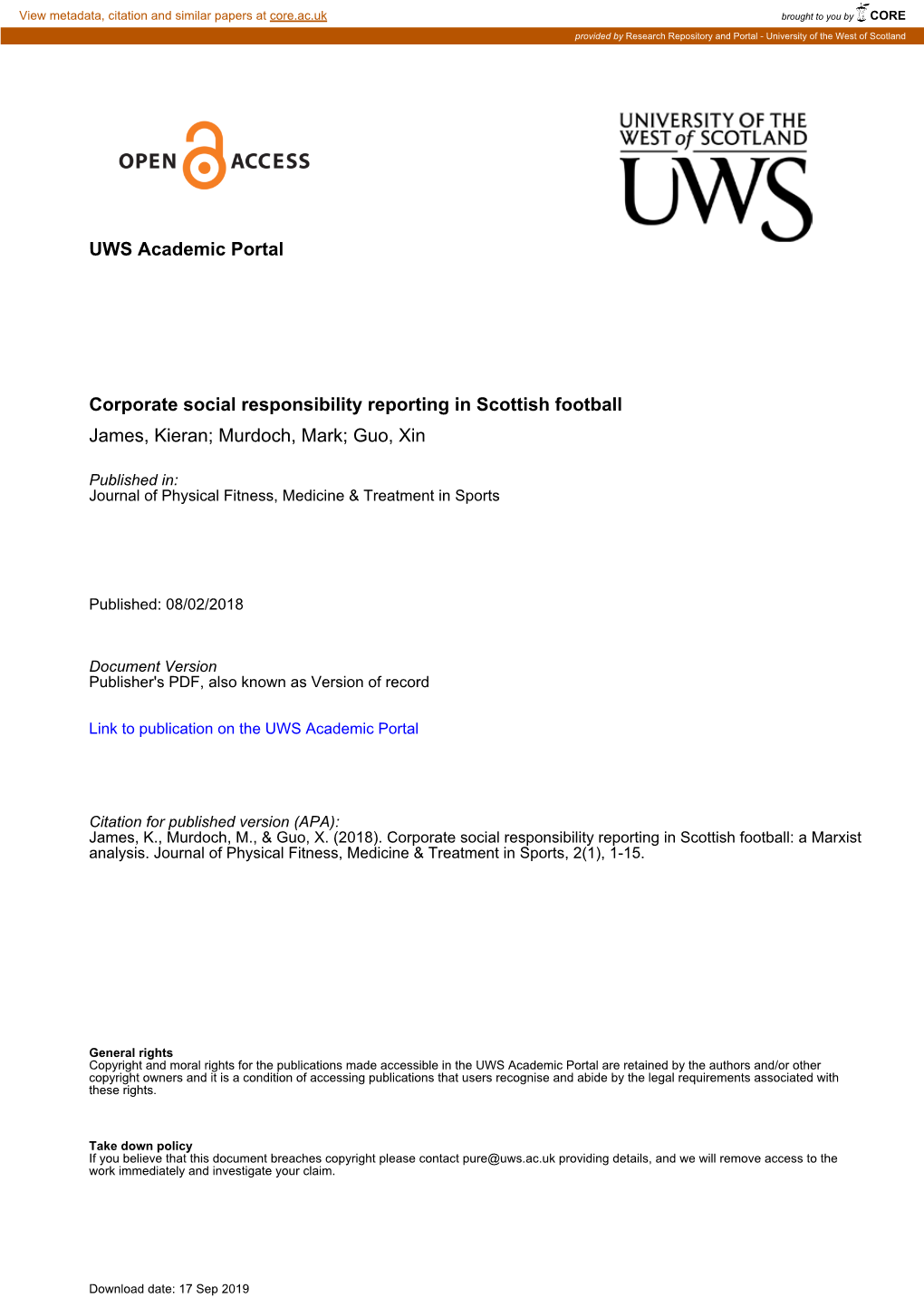 Corporate Social Responsibility Reporting in Scottish Football James, Kieran; Murdoch, Mark; Guo, Xin