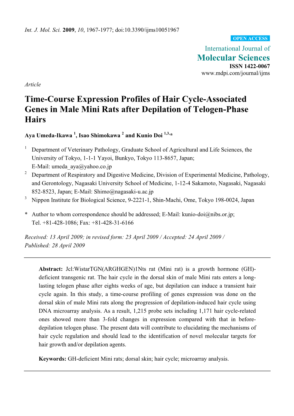 Time-Course Expression Profiles of Hair Cycle-Associated Genes in Male Mini Rats After Depilation of Telogen-Phase Hairs