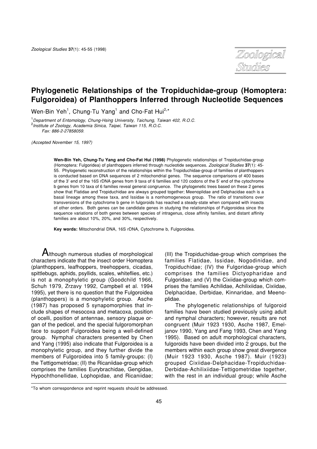 Phylogenetic Relationships of the Tropiduchidae-Group