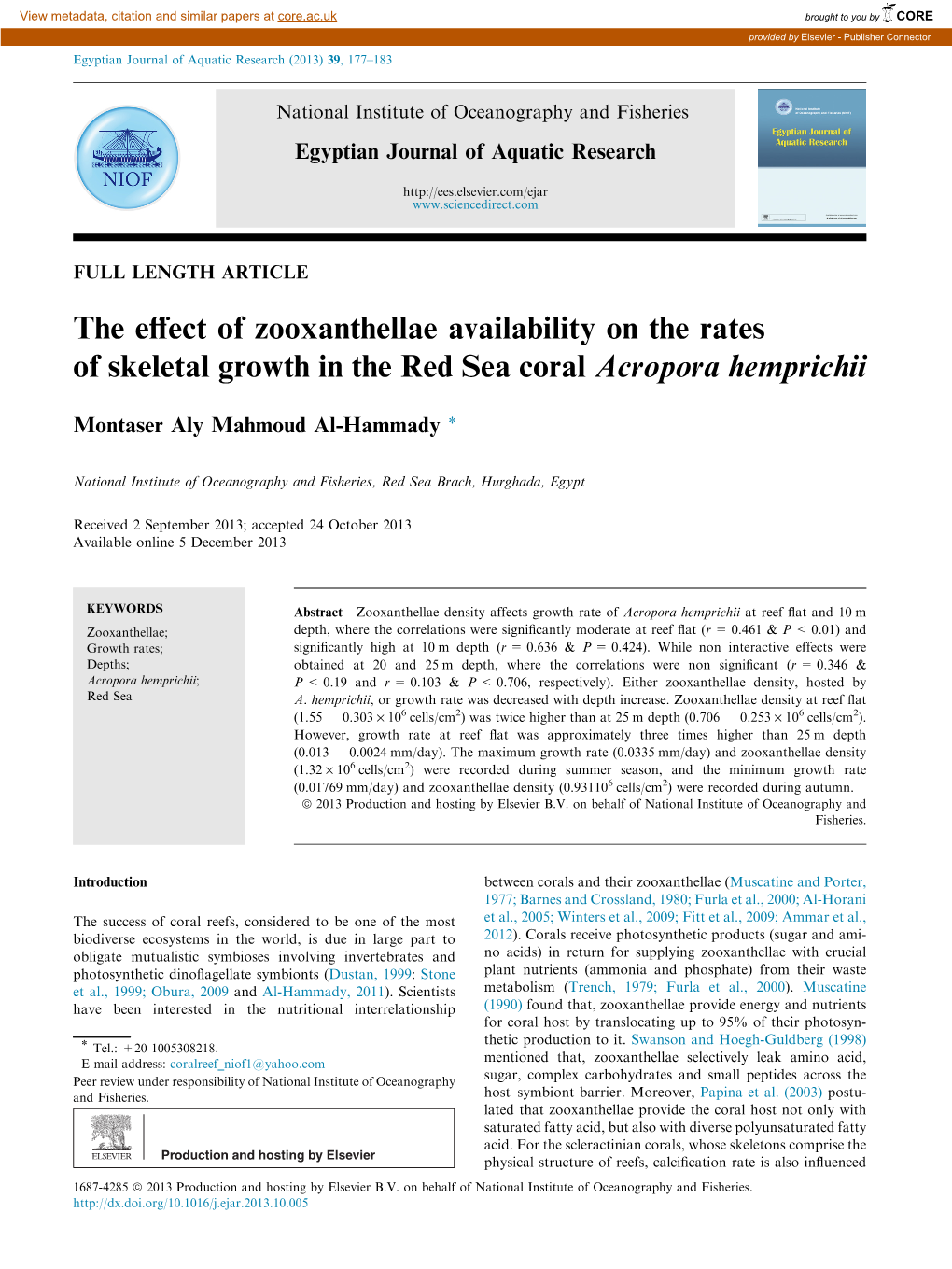 The Effect of Zooxanthellae Availability on the Rates of Skeletal Growth in the Red Sea Coral Acropora Hemprichii 179