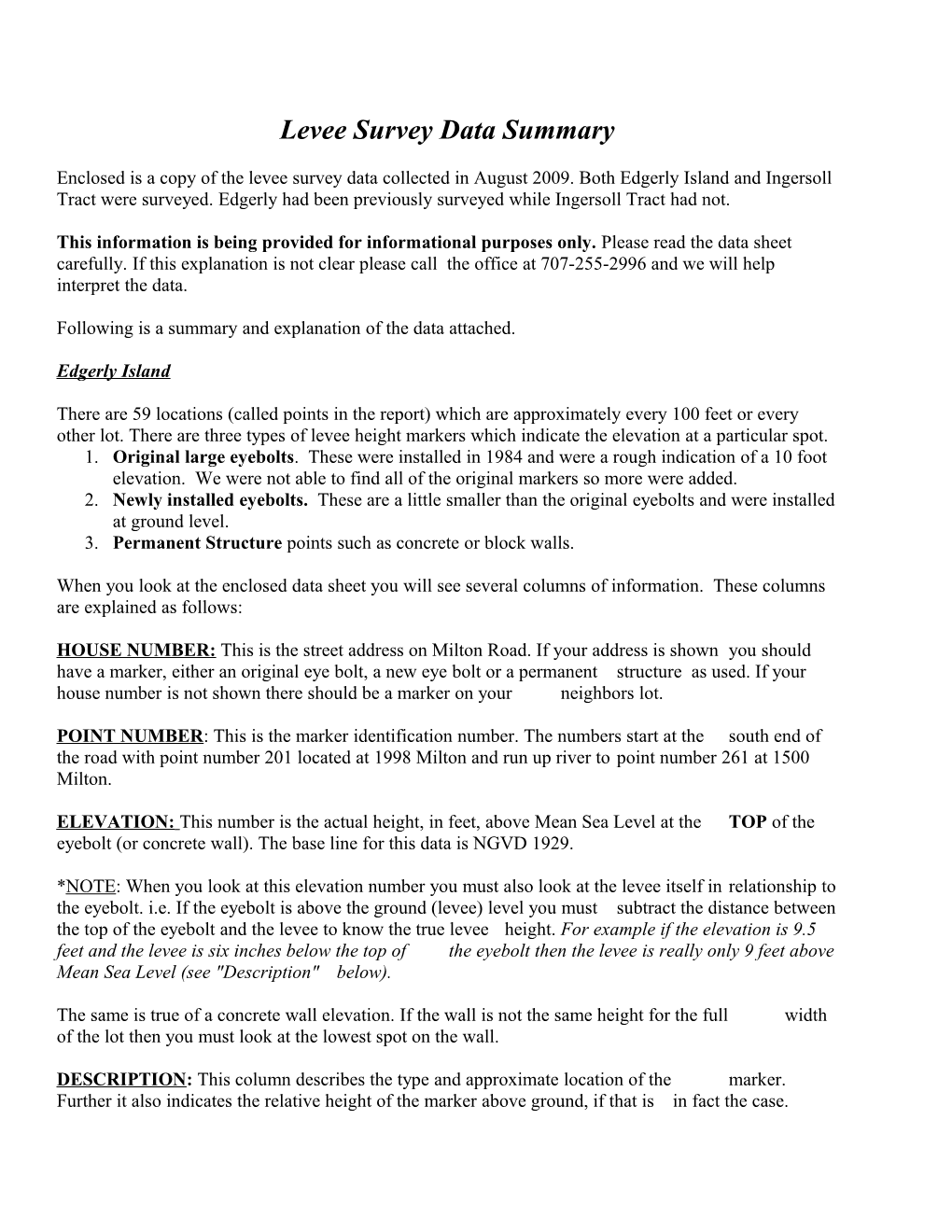 Levee Survey Data Summary