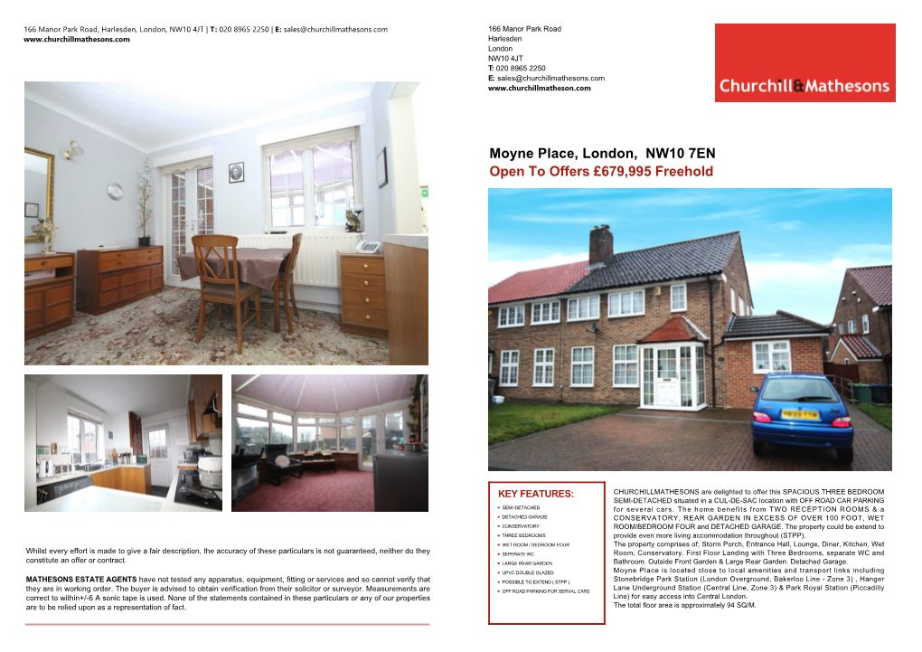 Moyne Place, London, NW10 7EN Open to Offers £679,995 Freehold
