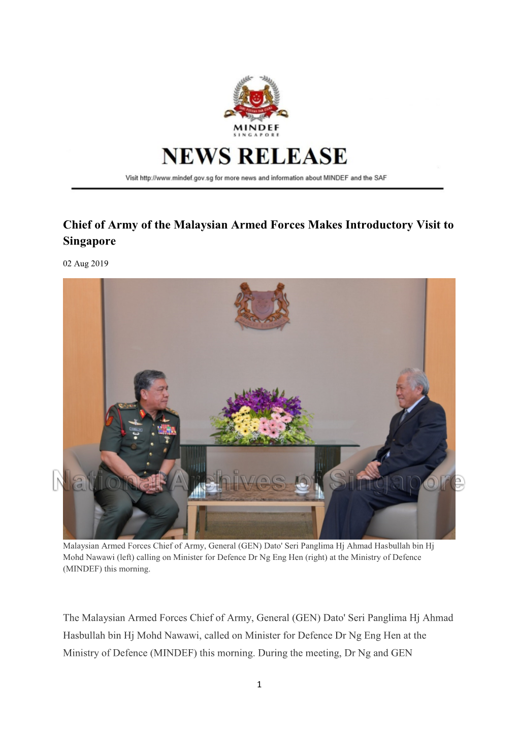 Chief of Army of the Malaysian Armed Forces Makes Introductory Visit to Singapore