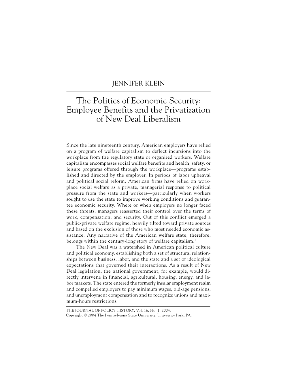 The Politics of Economic Security: Employee Benefits and the Privatization of New Deal Liberalism