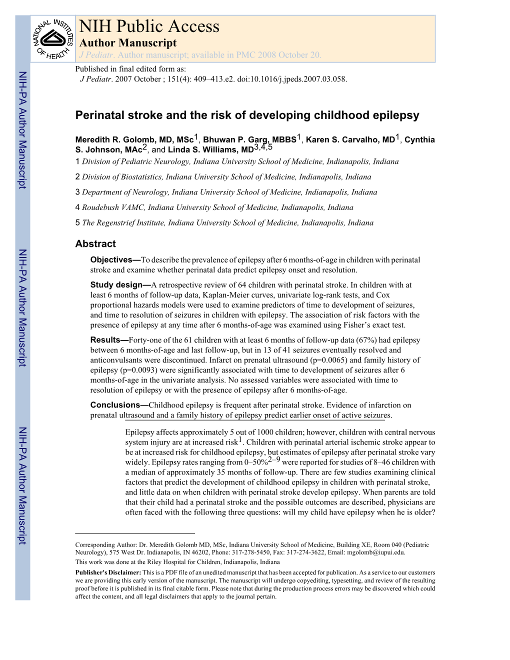 Perinatal Stroke and the Risk of Developing Childhood Epilepsy