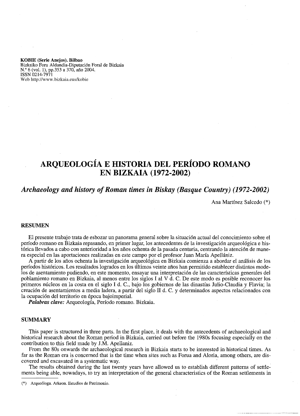 Arqueología E Historia Del Período Romano En Bizkaia (1972-2002)