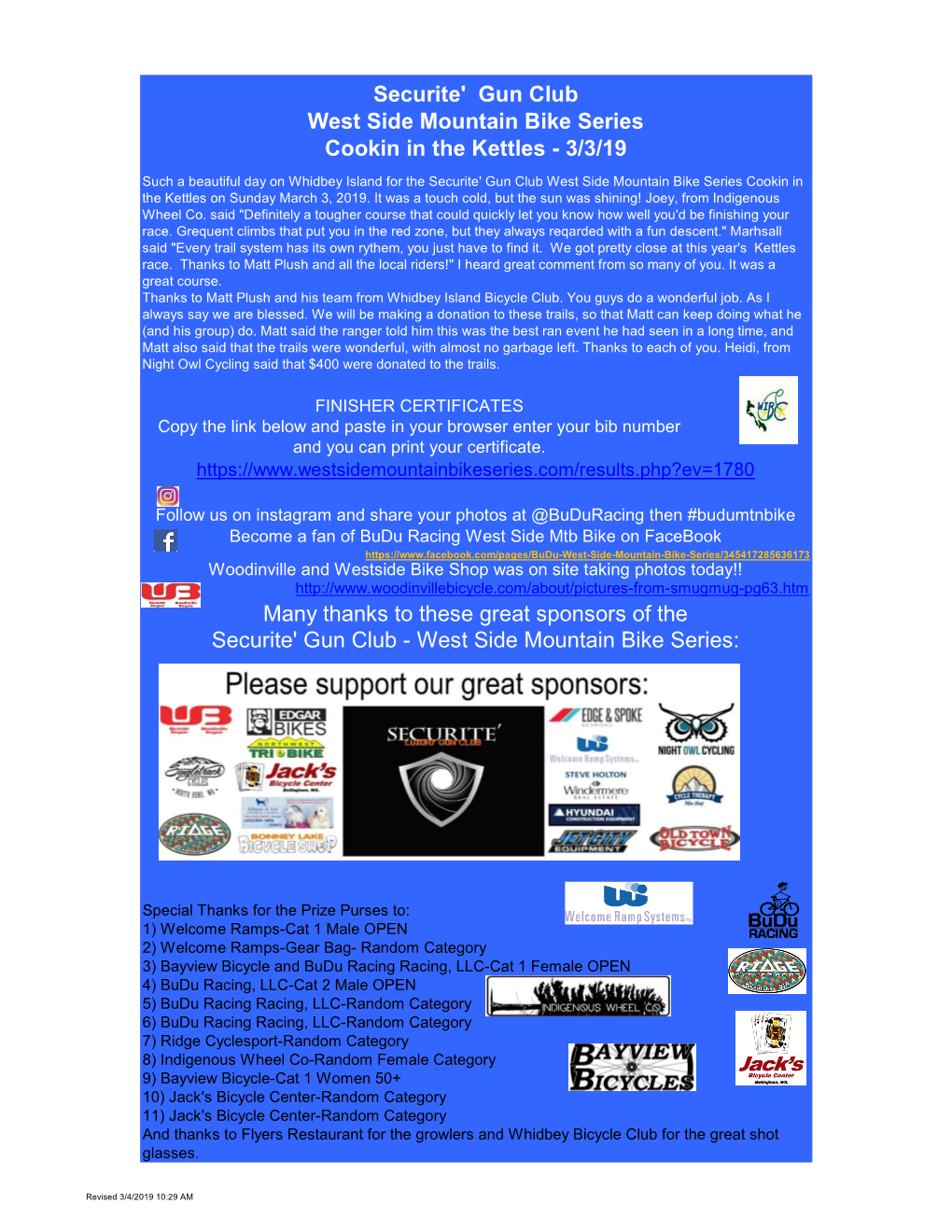 2019 March 3 Final.Xlsx Visit Us at Buduracing.Com Cat 1 Page 3 of 22 Budu Racing, Llc Securite' Luxury Gun Club ~ West Side Cat 1 Mountain Bike Series