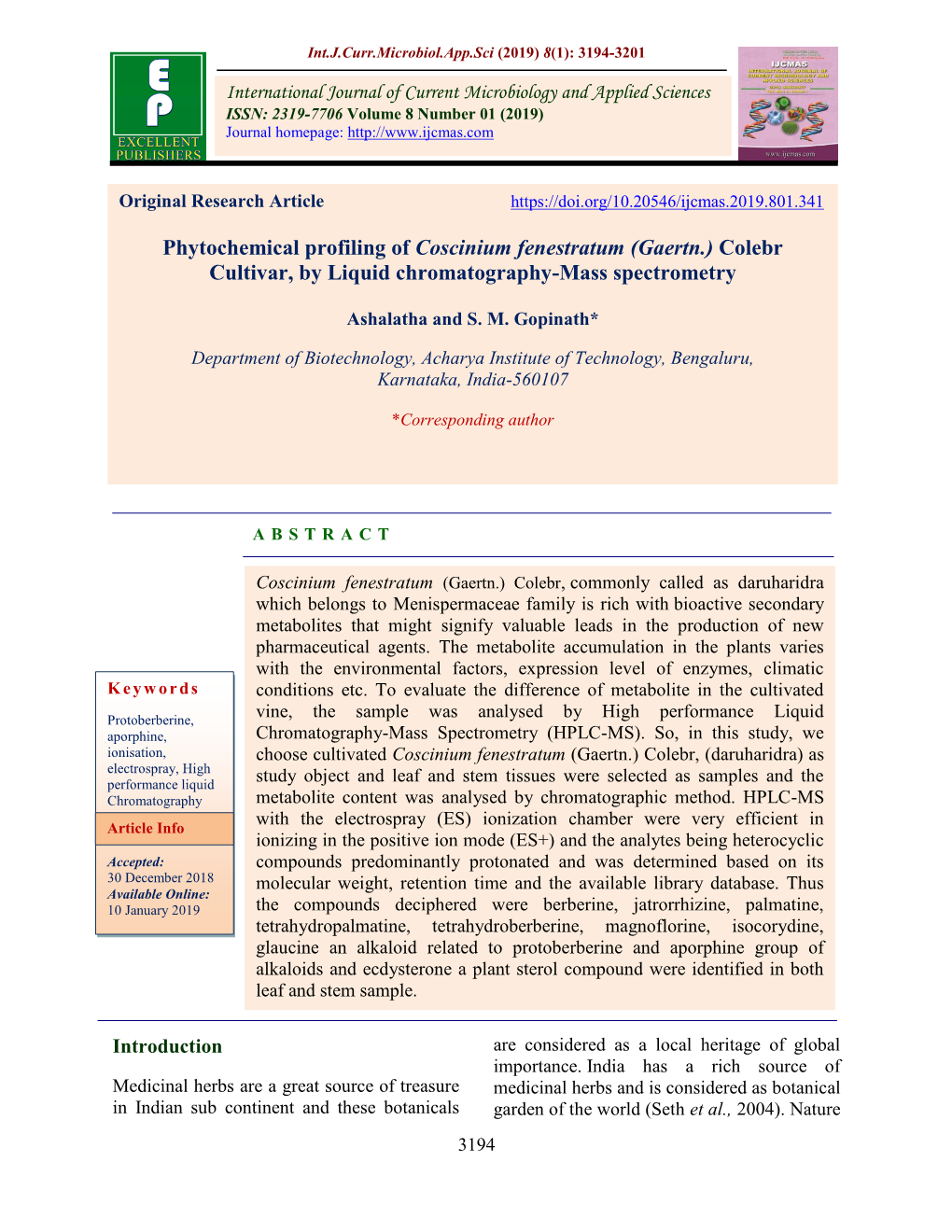 Phytochemical Profiling of Coscinium Fenestratum (Gaertn.) Colebr Cultivar, by Liquid Chromatography-Mass Spectrometry