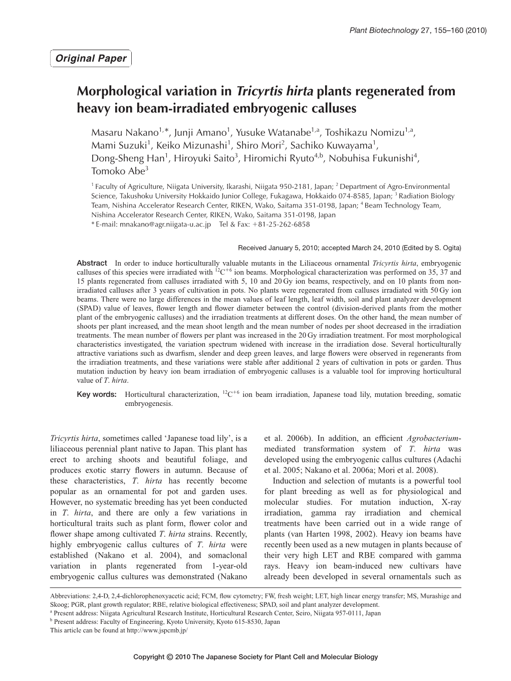 Morphological Variation in Tricyrtis Hirta Plants Regenerated from Heavy Ion Beam-Irradiated Embryogenic Calluses