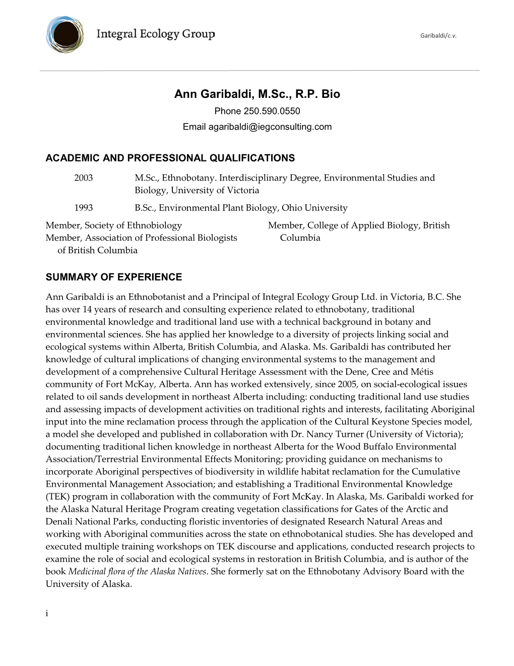 Ann Garibaldi, M.Sc., R.P. Bio Phone 250.590.0550 Email Agaribaldi@Iegconsulting.Com